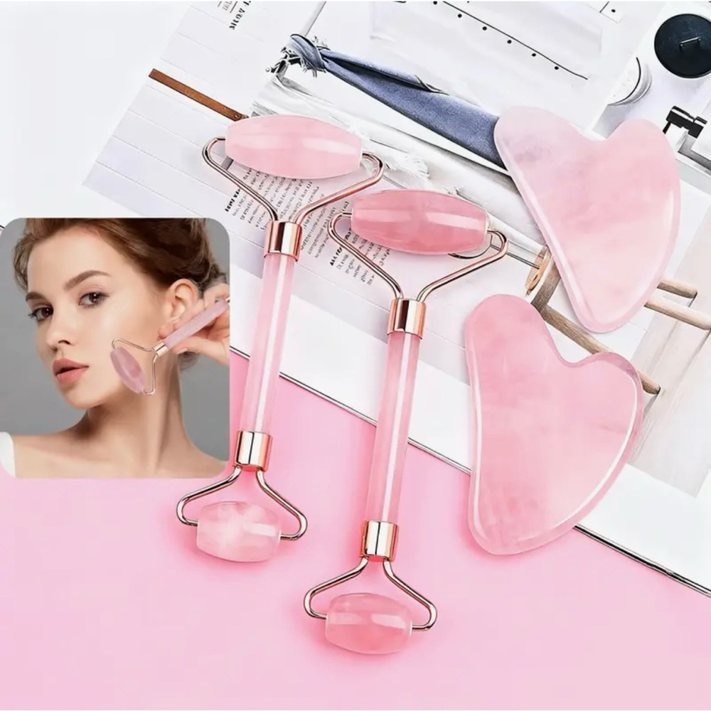 Rose Quartz Facial Roller & Gua Sha Set for Glow, Lymphatic Massage Beauty Care